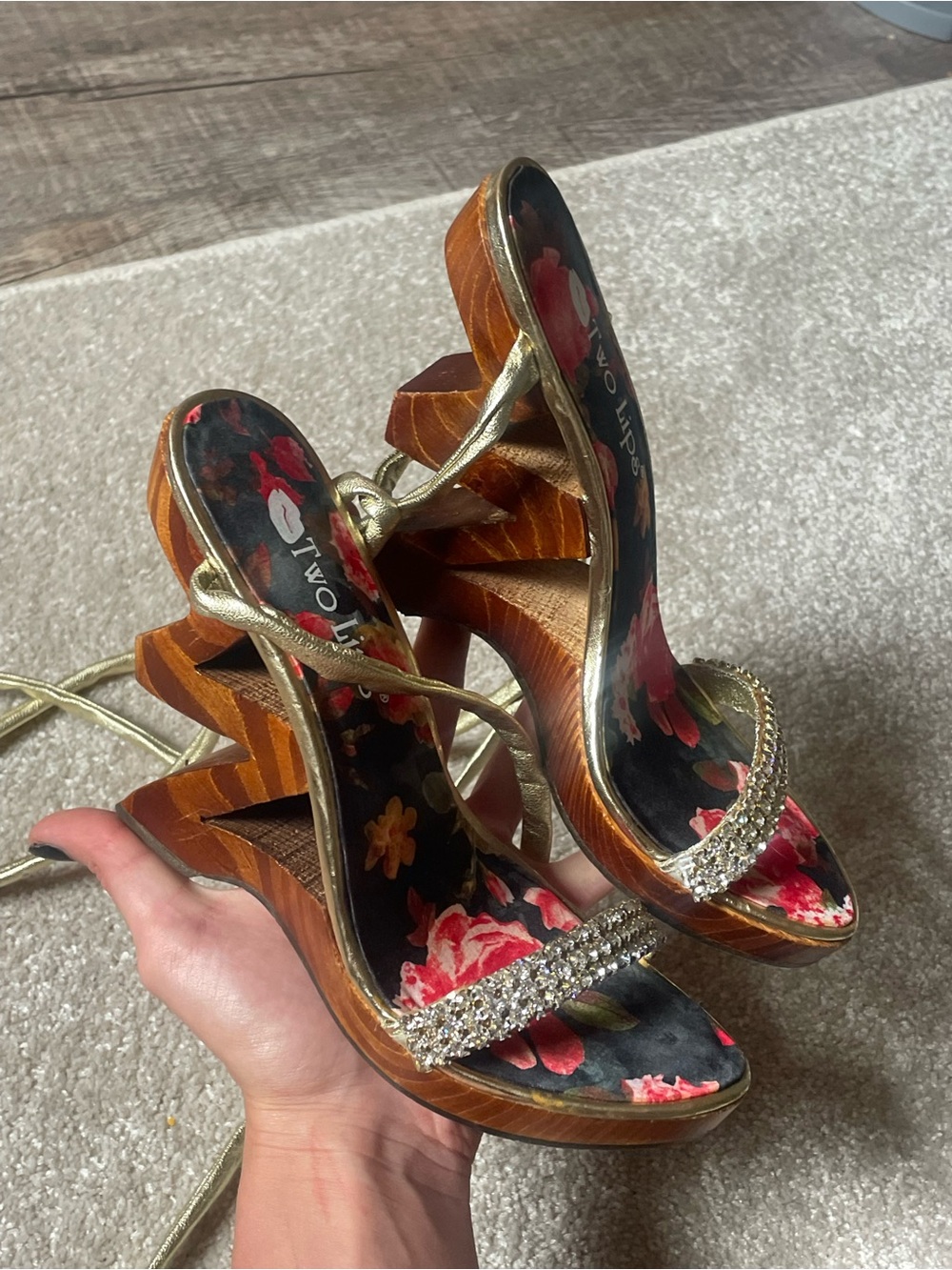 Two Lips Gold Strappy Floral Platform Wedges with Rhinestone Accent